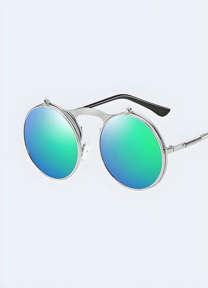 A front-side view of wild west sunglasses with green lenses, highlighting their vibrant and unique style Canada.