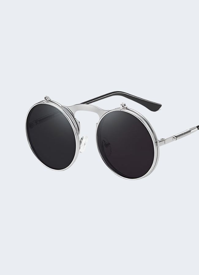 A front-side view of wild west sunglasses with a silver frame, showcasing their modern and polished design Canada.