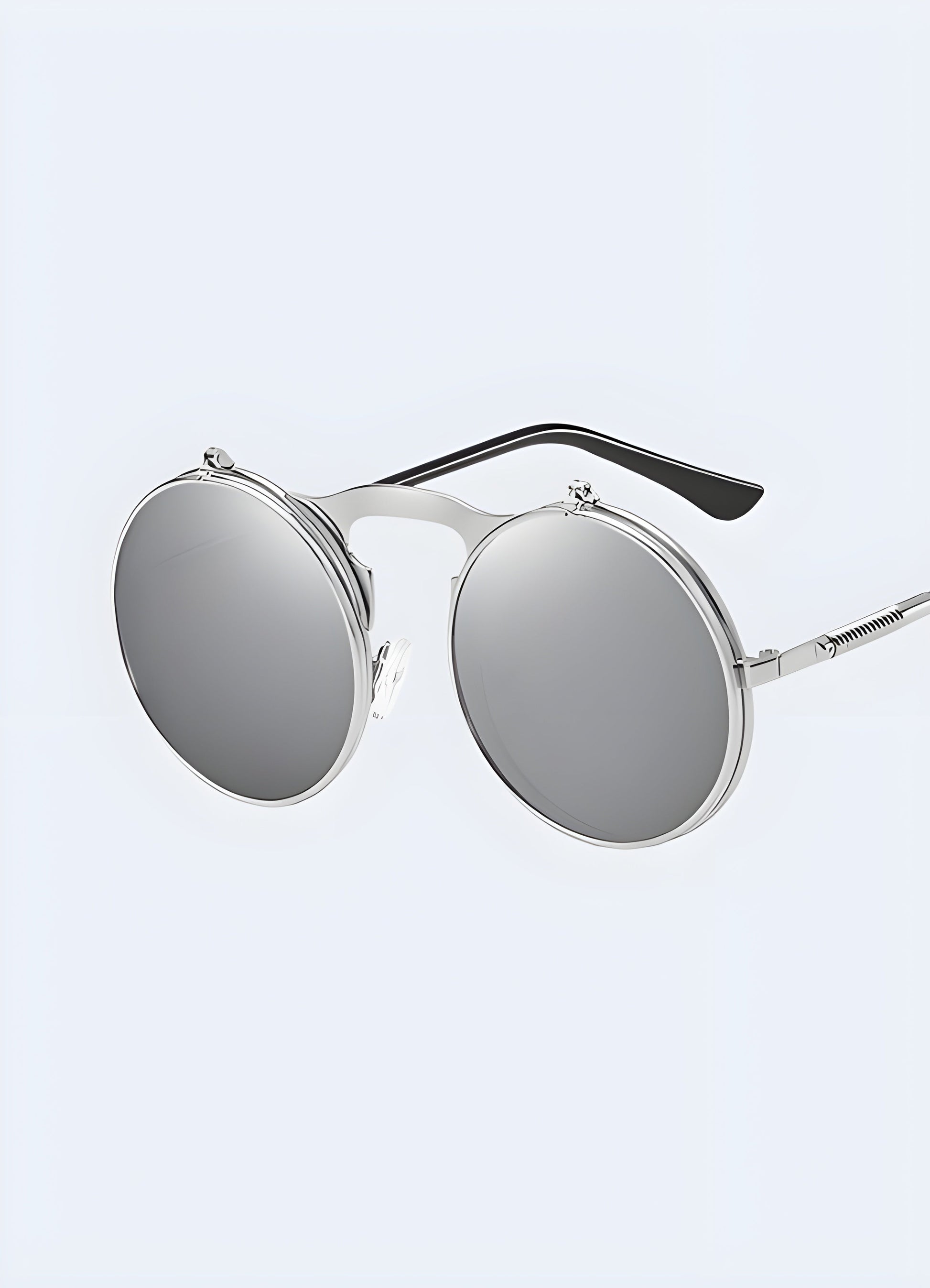 A front-side view of wild west sunglasses in silver, showcasing their sleek and refined design Canada.