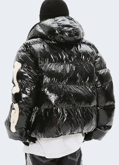 Stylish black down parka with skeleton design on back, side view, perfect for winter fashion in Harajuku style. 