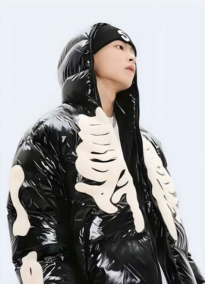 Stylish winter Harajuku down parka with a bold skeleton print, perfect for staying warm and trendy in Canada.