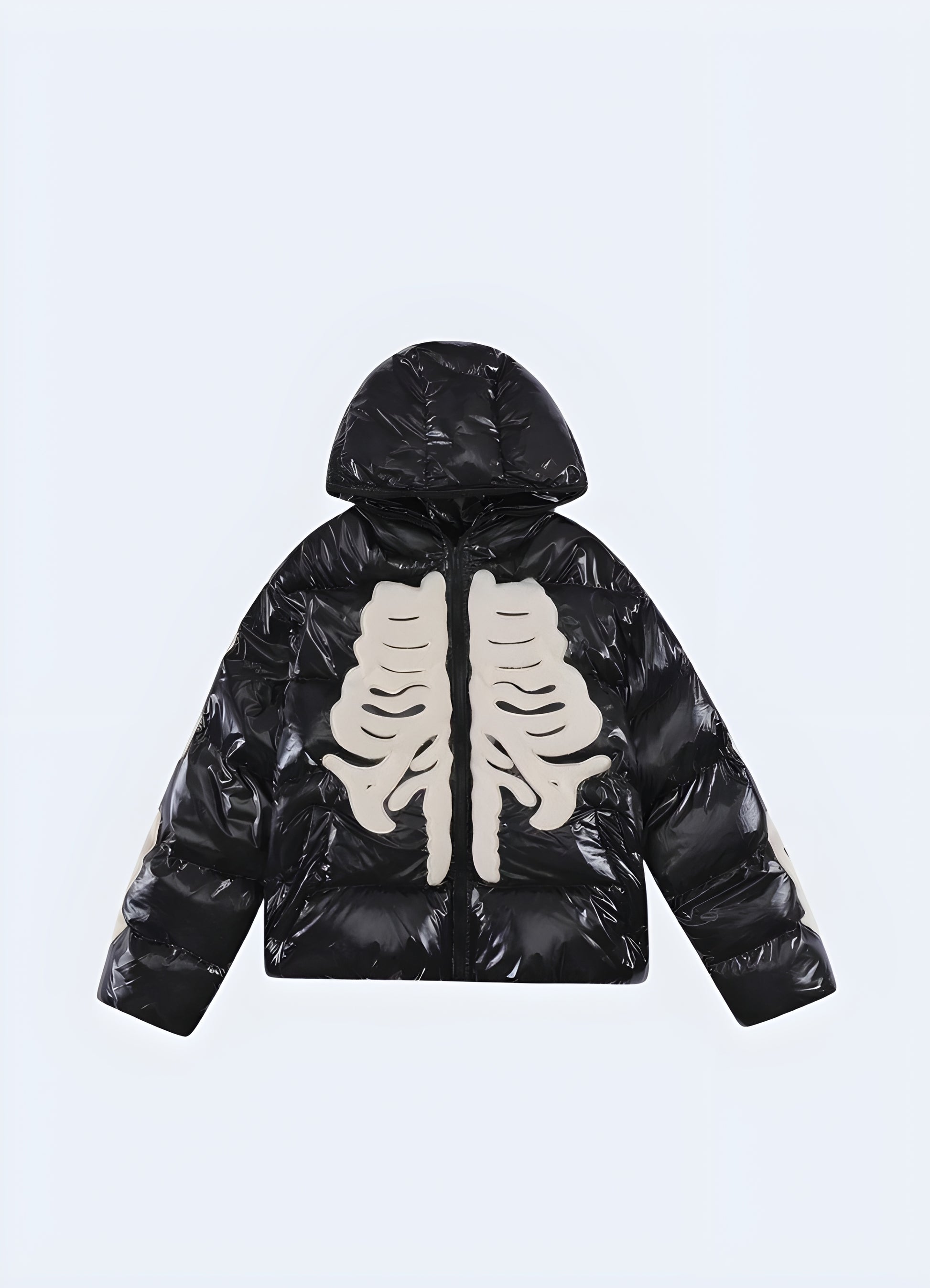 Winter Harajuku down parka featuring a striking skeleton design, front view, ideal for making a unique fashion statement in Canadian cities.