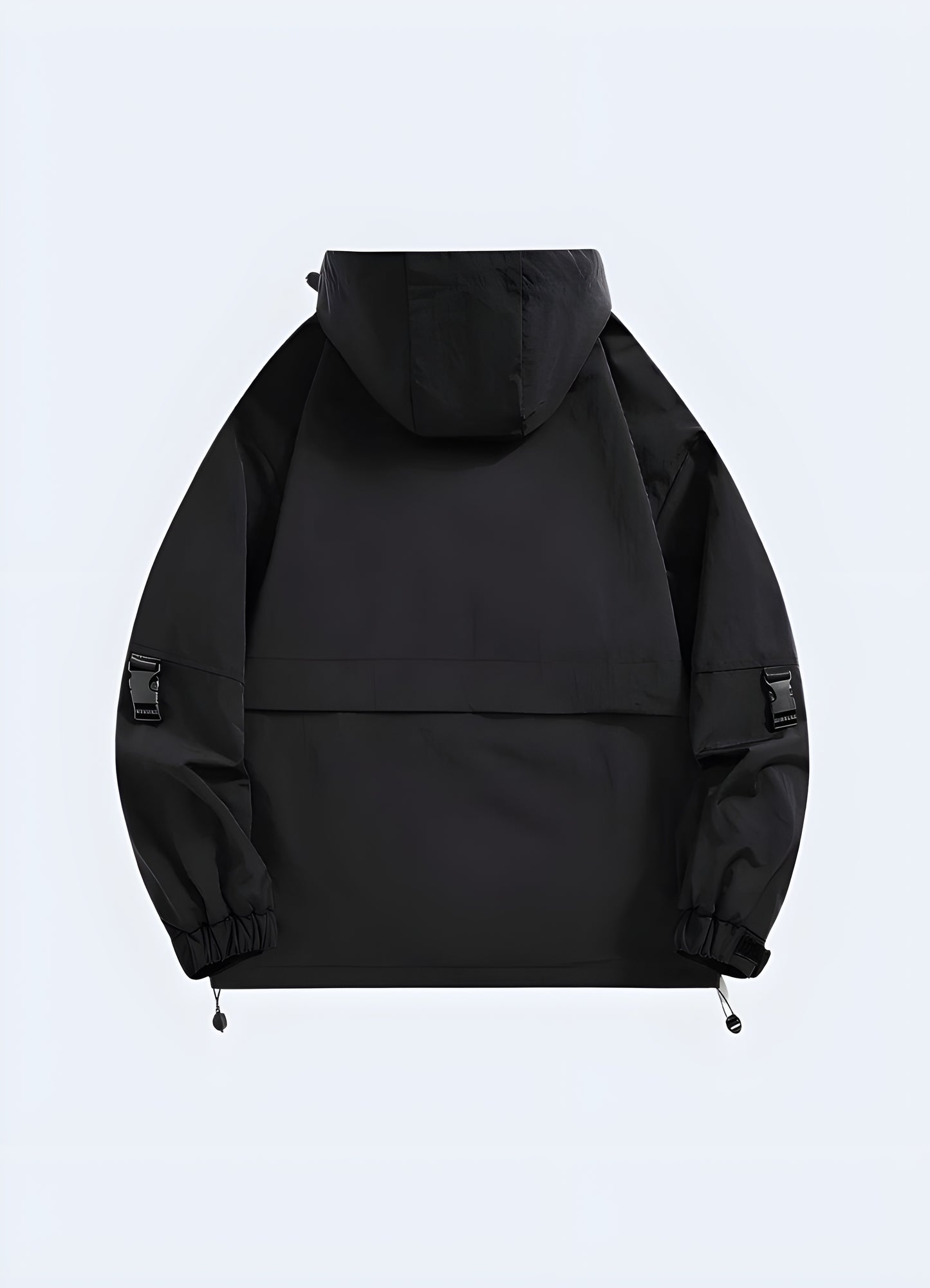 Back view of a black woman's techwear hoodie jacket, emphasizing its minimalist design and advanced materials for a stylish and comfortable fit in the Canada.