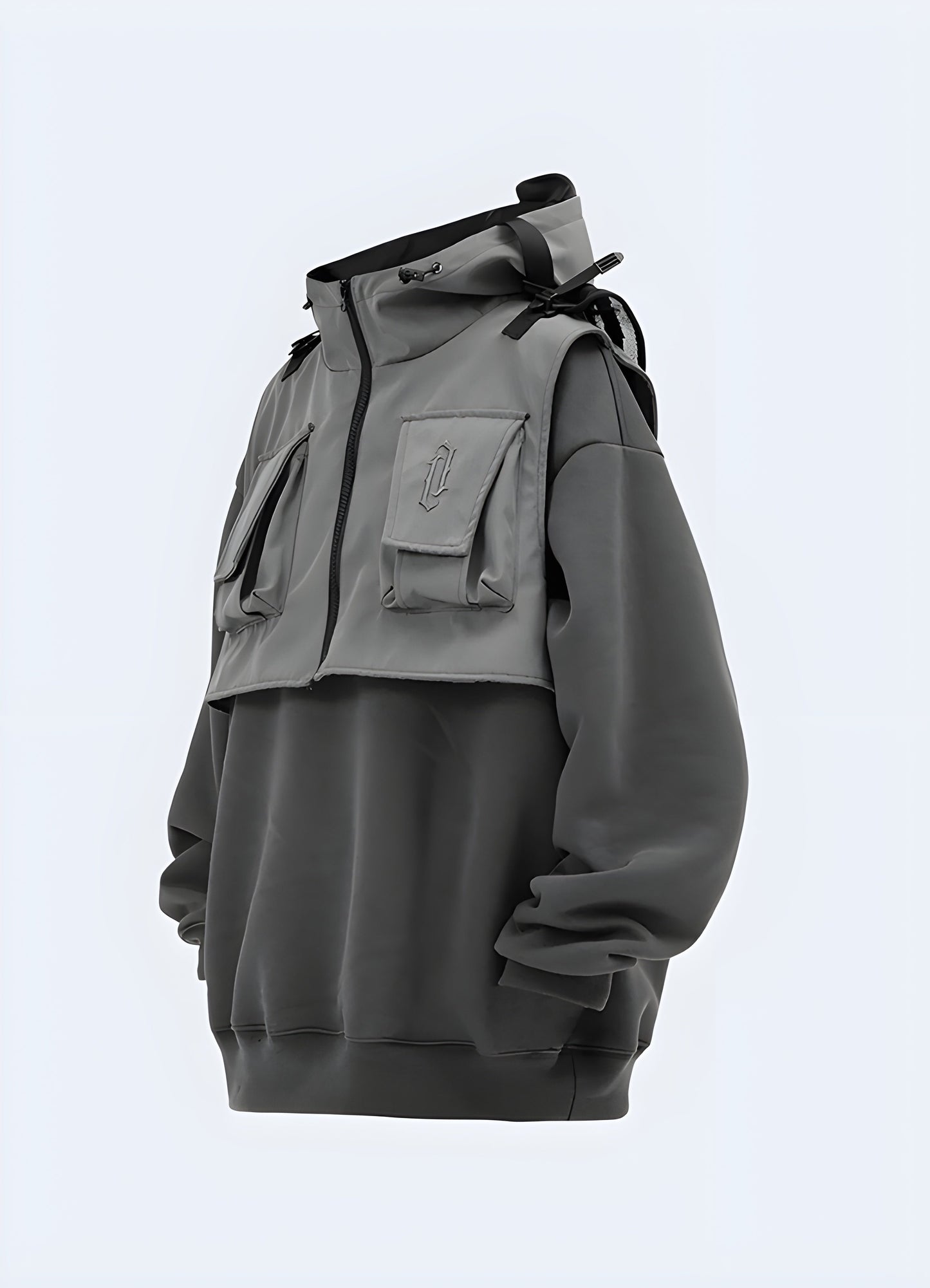 Front side view of a woman's techwear hoodie jacket, highlighting its functional features and sleek silhouette for fashion-forward women in the Canada.