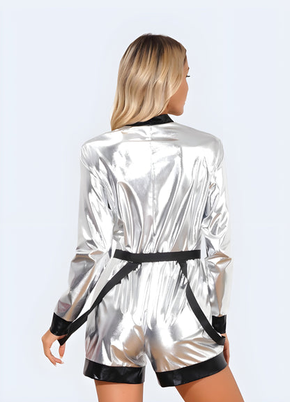 Back view of a woman in a captivating futuristic bodysuit, highlighting its distinctive features and edgy appeal for Canada fashion-forward individuals.