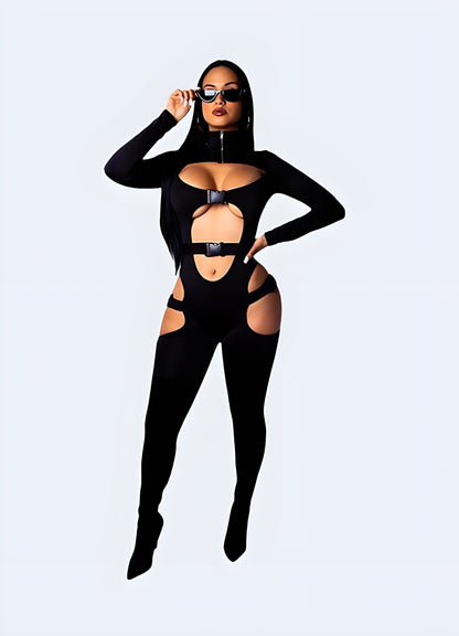 Model showcasing a front view of a stylish techwear catsuit, highlighting its futuristic design and versatility for urban fashion.