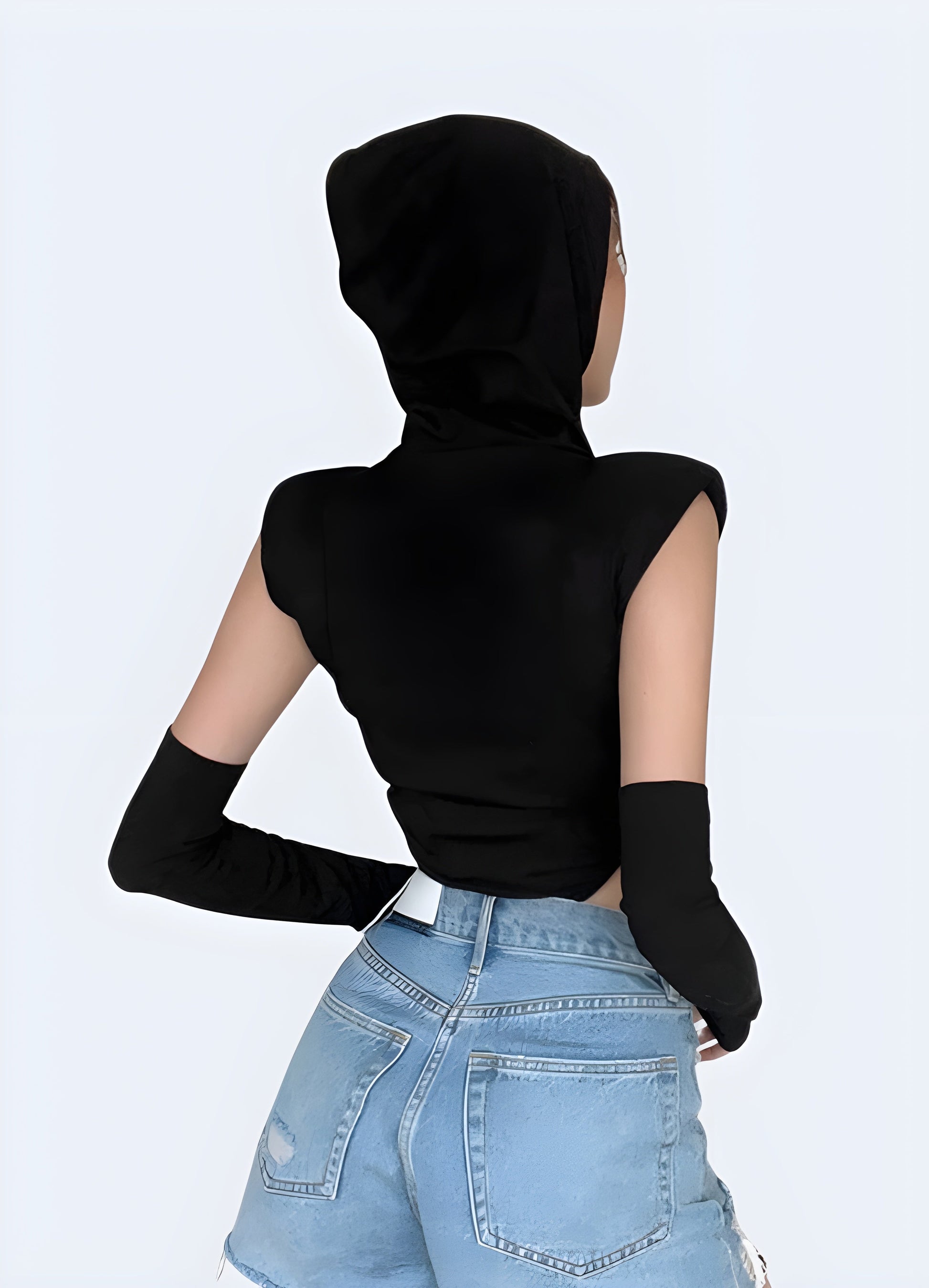 Back view of a woman in a cutting-edge techwear hooded bodysuit, highlighting the garment's unique features and urban style for Canada wearers.