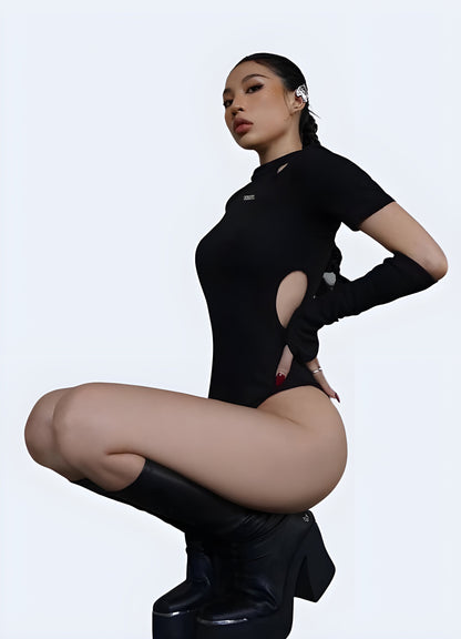 Side view of a woman wearing a stylish techwear leotard, demonstrating its versatility and modern appeal for Canada fashion-forward individuals.