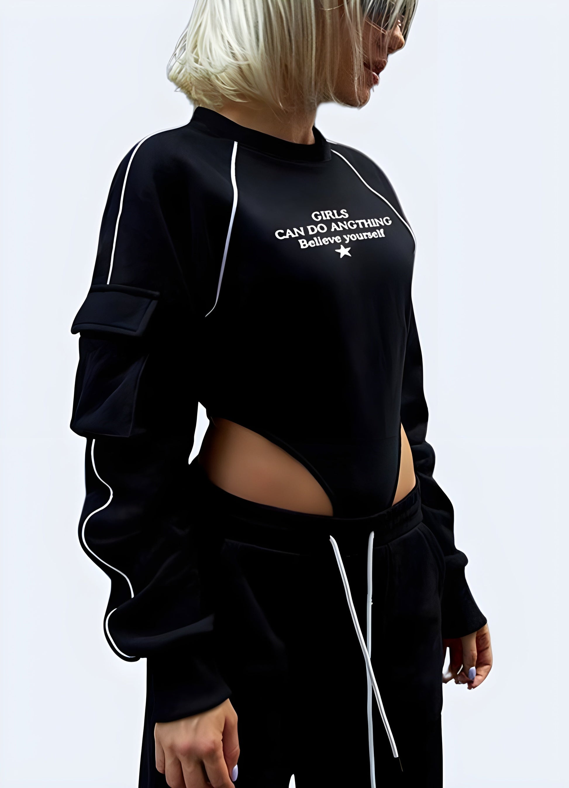 Side view of a woman in a cutting-edge techwear long-sleeve bodysuit, highlighting its unique features and contemporary appeal for Canada techwear fans.