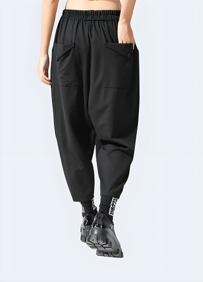 Front view of a model wearing women's techwear harem pants, demonstrating the on-trend and versatile style that stands out in the Canada fashion scene.