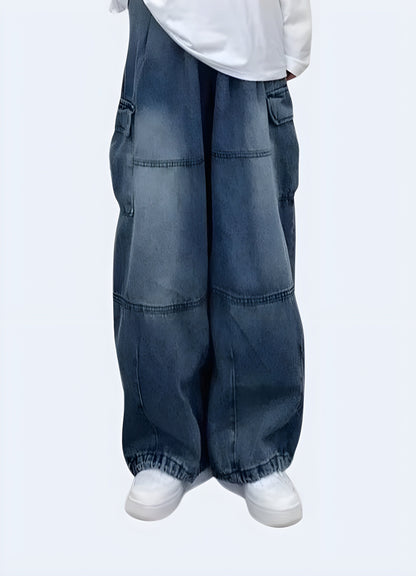 Front view of a woman wearing fashionable blue baggy cargo pants, showcasing the comfortable and stylish design, perfect for Canada women.