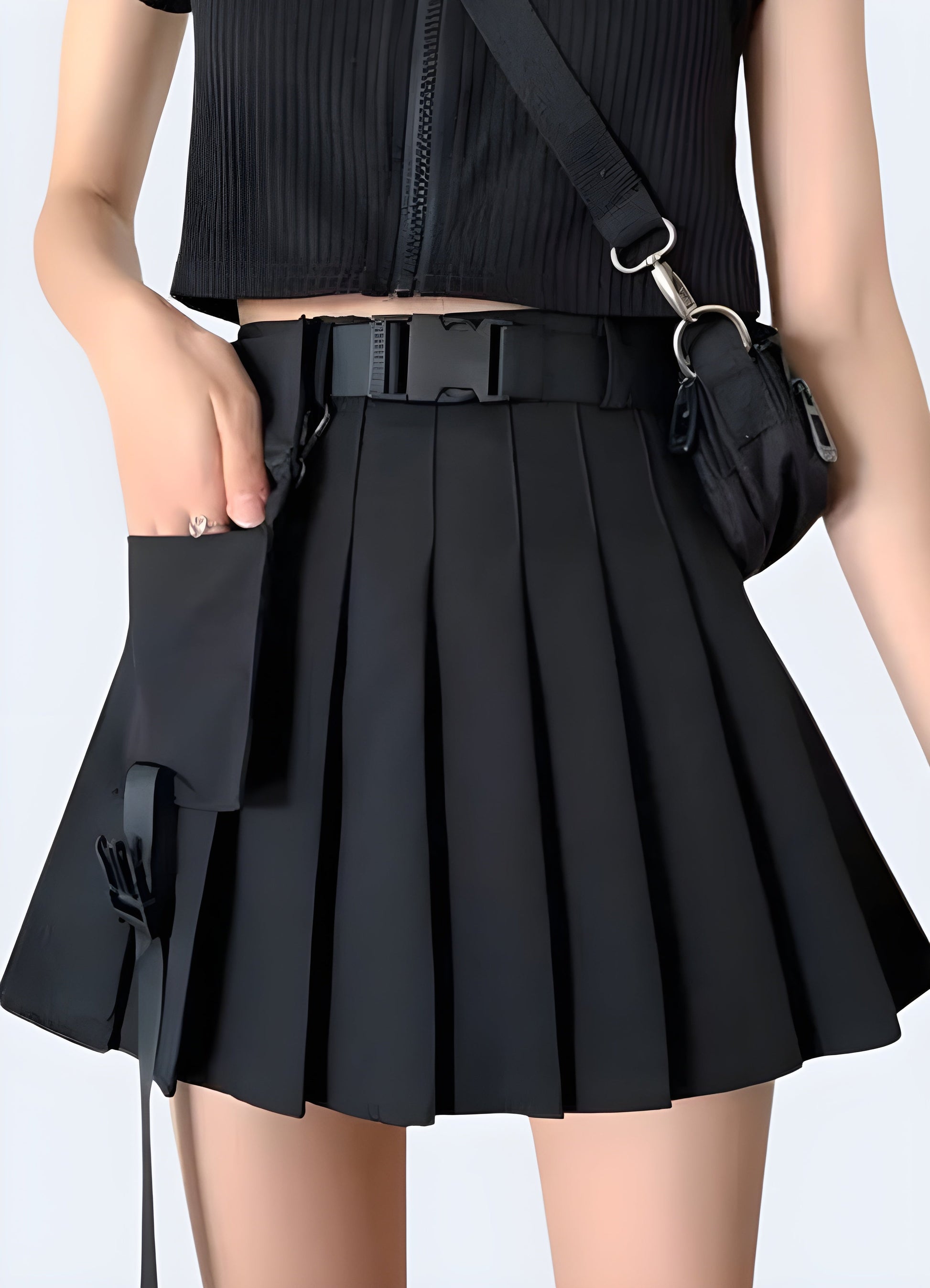 Front view of a woman wearing a black cargo mini skirt, showcasing its unique pocket details and modern silhouette for fashion-forward women in the.