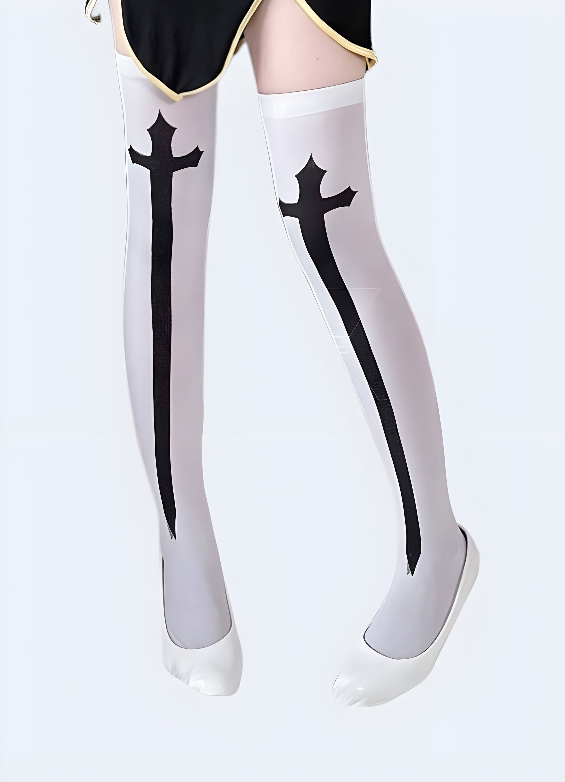 Women's white cross knee-high socks displayed from the front view, offering a chic and versatile addition to any outfit in the Canada.