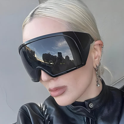 Oversized cyberpunk shield sunglasses in a unique Y2K techwear style, perfect for making a bold fashion statement in the Canada.