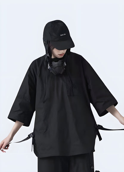 Front view of a woman wearing a darkwear loose shirt, showcasing its oversized silhouette and avant-garde design for fashion-forward women in the Canada.