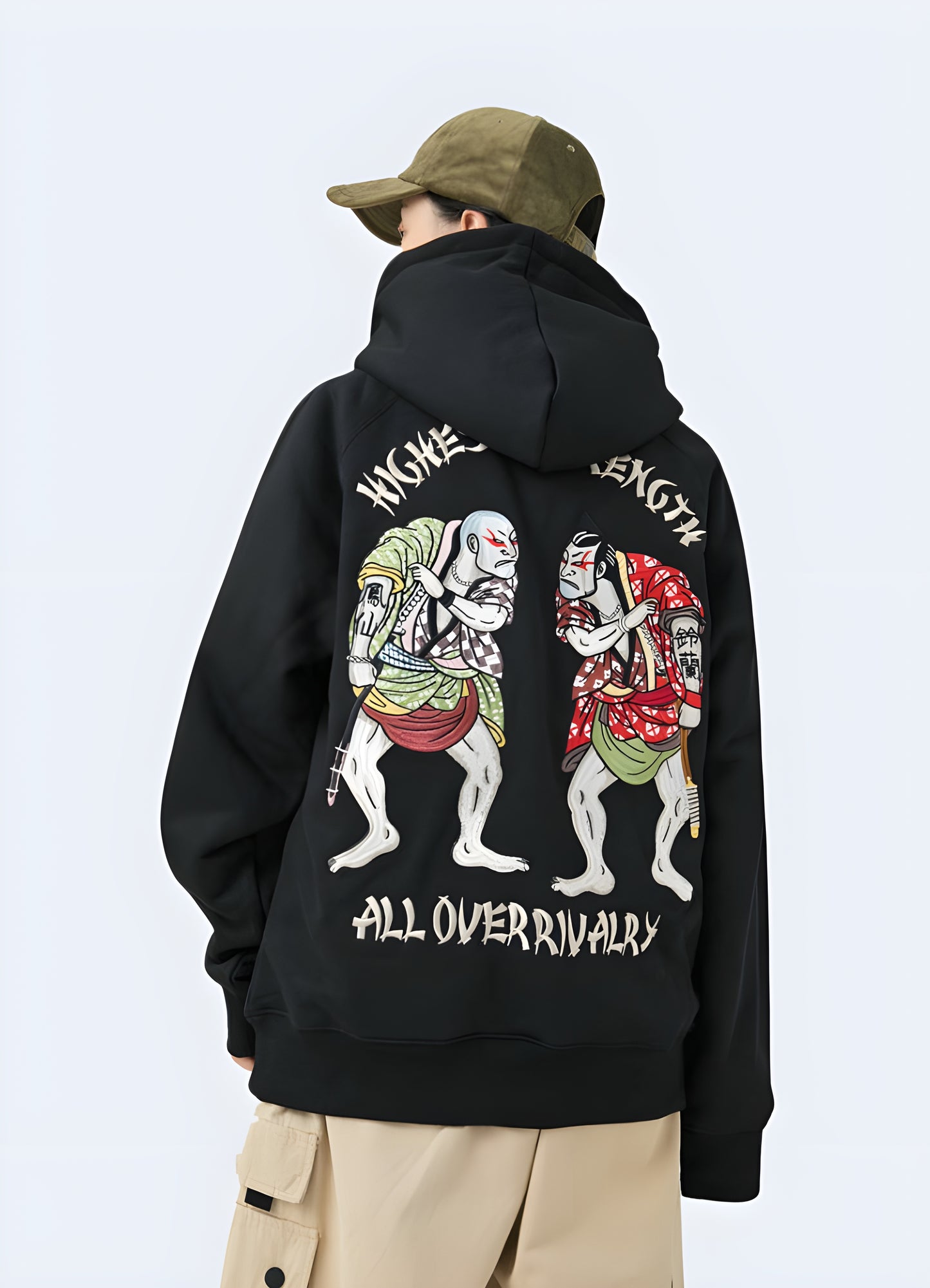 Woman wearing an embroidered Japan streetwear hoodie, back view in Canada, showcasing its intricate design and fashionable appeal.