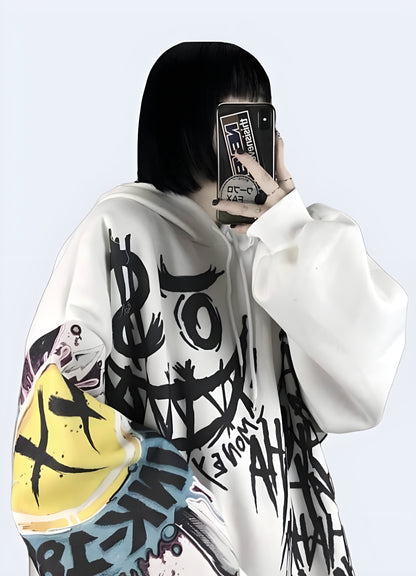 Woman wearing a Gothic Japan oversized hoodie, white, front view, showcasing unique urban style in Canada