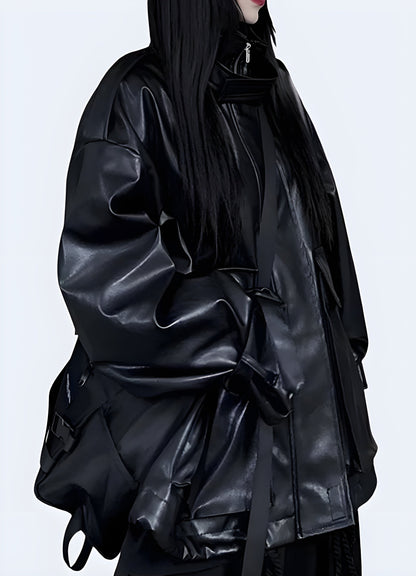 Side view of a woman sporting a gothic leather jacket, highlighting its sleek silhouette and unique details for fashion-forward women in the Canada alternative scene.