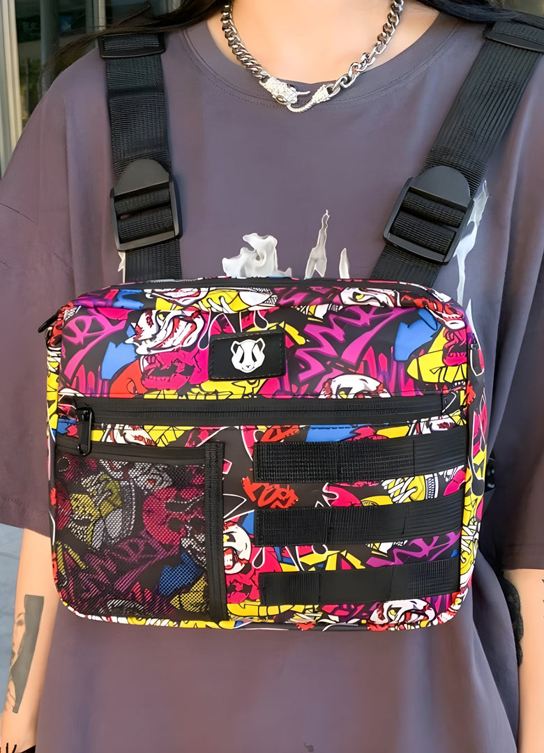 The front view emphasizes the bag’s sophisticated features and how it fits across her chest and torso Canada.