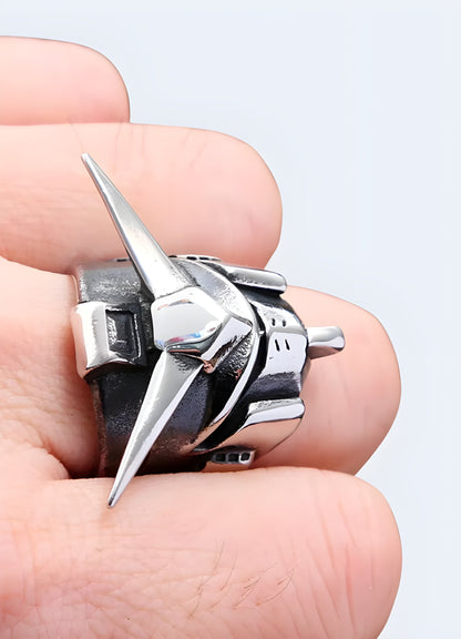 Woman wearing the Gundam ring, shown from the front view, emphasizing the ring's detailed design and its fit on the model’s finger.