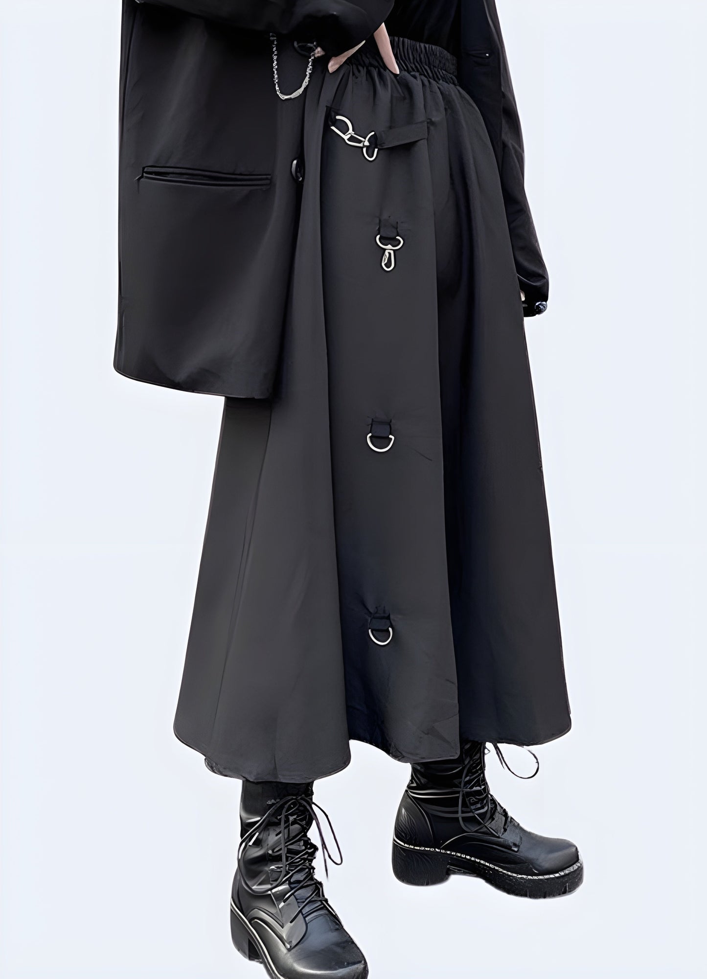 Front and side view of a woman wearing a harajuku techwear skirt, highlighting the forward-thinking design, asymmetrical cuts, and modern features.