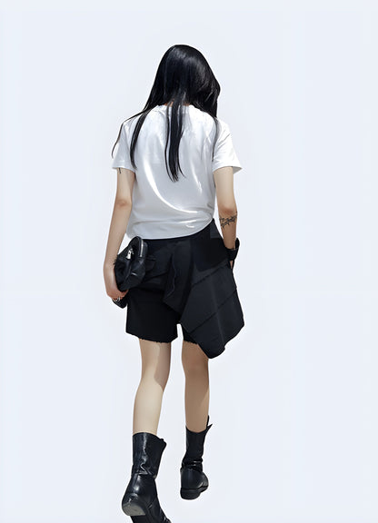 Woman wearing fashionable high-waisted techwear shorts, showcasing a flattering back view.