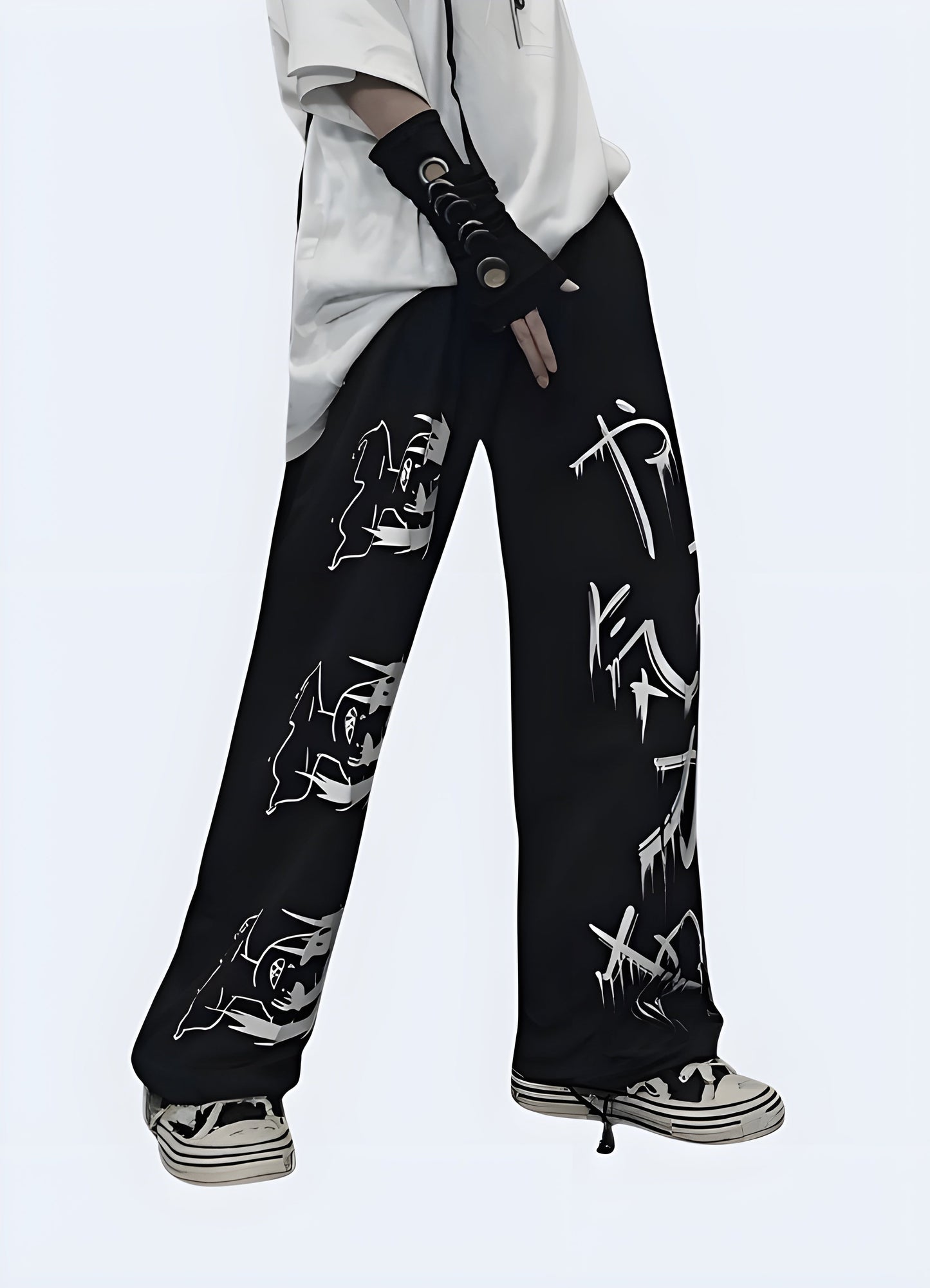 Side view of a woman wearing trendy Japanese-style baggy pants, showcasing the loose fit and unique design popular among Canada fashion enthusiasts.