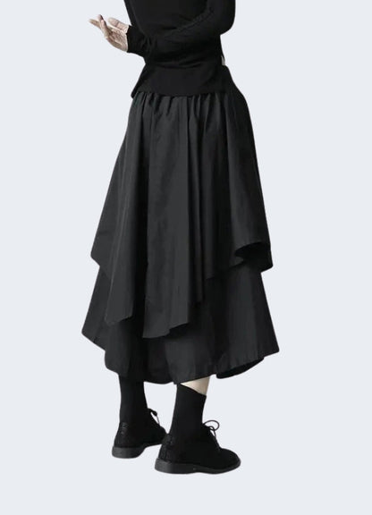 Back view of a woman modeling a Japanese techwear skirt, showcasing the distinctive design, innovative materials, and cultural influences.