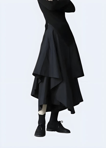 Front and side view of a woman wearing a Japanese techwear skirt, highlighting the fusion of traditional elements with cutting-edge technology and style.