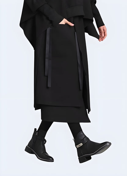 Side view of a woman wearing a ninja techwear skirt, highlighting the modern interpretation of traditional ninja style, innovative fabrics, and practical design elements for urban fashion.