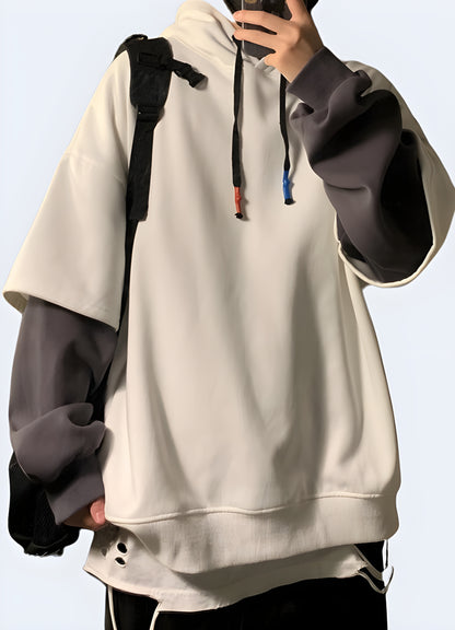 Step up your street style with the oversized white techwear hoodie featuring Korean influence, front view, in Canada. 