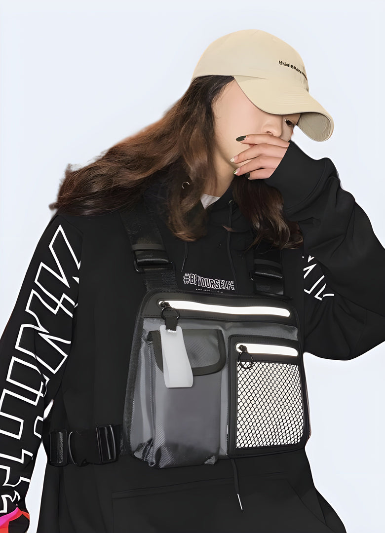 The front view highlights its multiple pockets and adjustable straps, emphasizing how it complements the woman's outfit while offering both style and functionality Canada.
