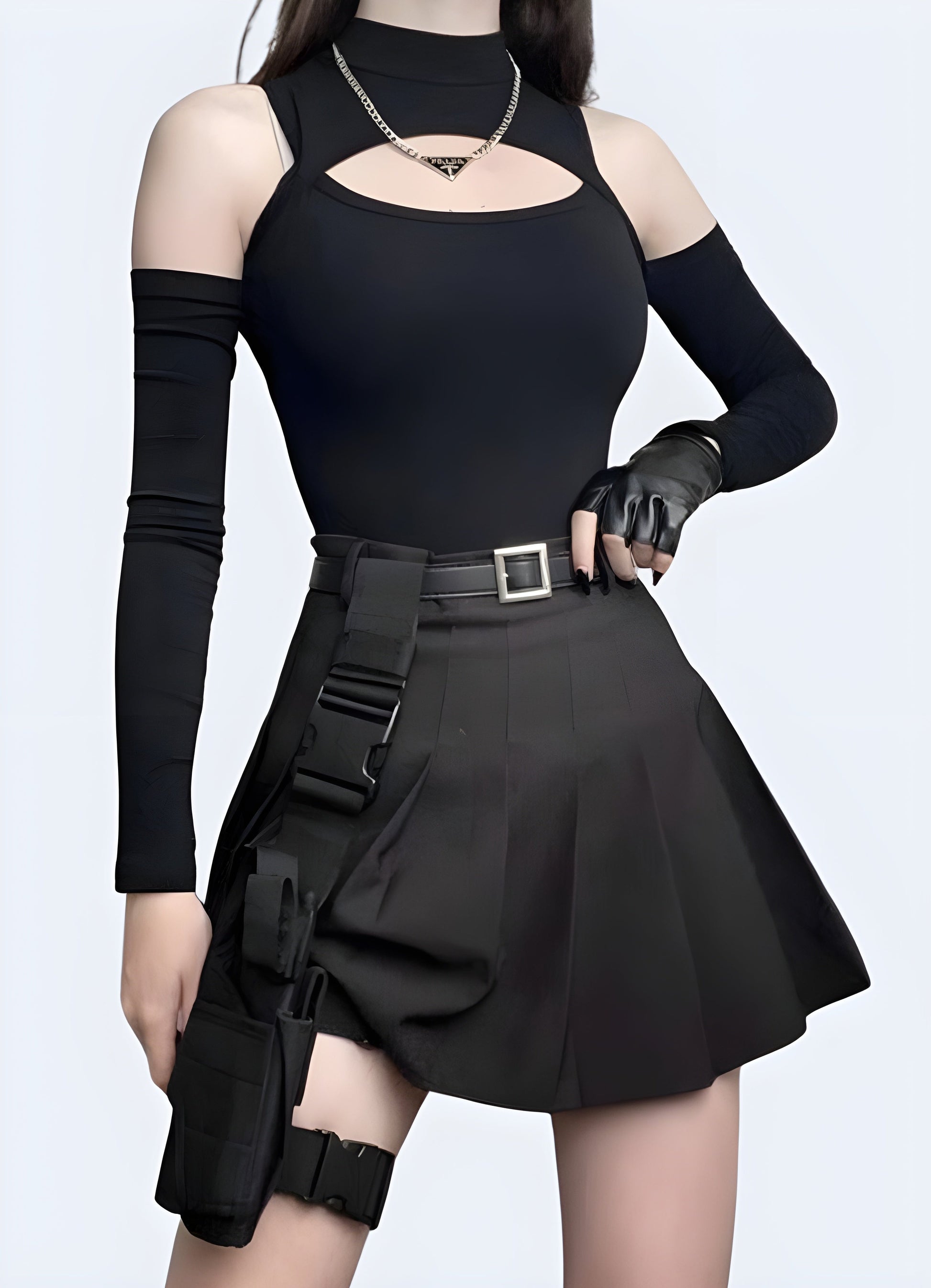 Canada model showcasing a front view of a cutting-edge techwear bodysuit, highlighting its sleek lines and functional design for contemporary urban fashion.