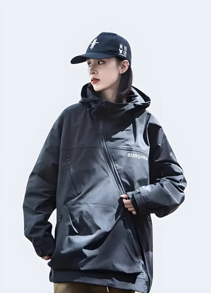 Front view of a woman sporting a techwear cargo jacket, highlighting its sleek design and versatile features for fashion-forward women in the Canada.