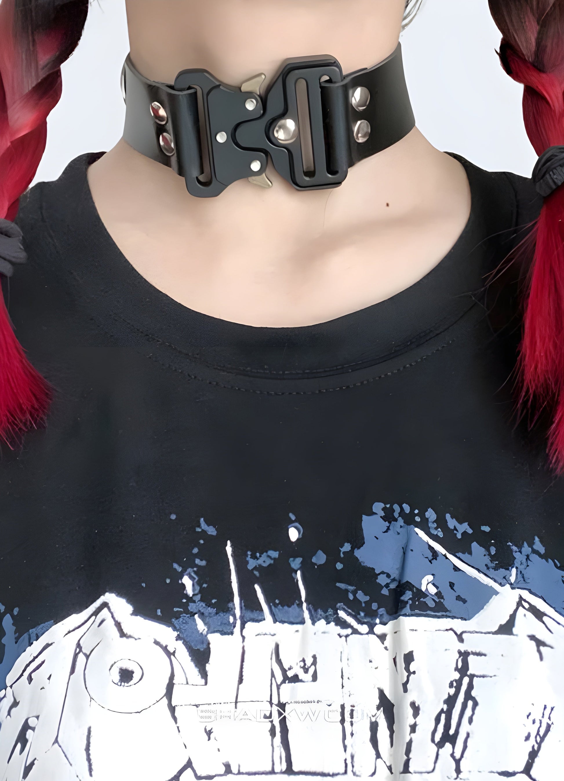 Woman wearing a techwear choker, front view showcasing the edgy and futuristic design in the Canada.