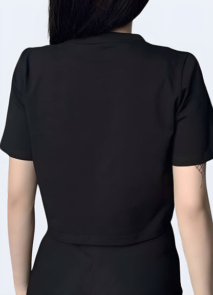 Back view of a woman wearing a techwear drawstring crop top, showcasing its unique drawstring design and modern silhouette for fashion-forward women in the Canada.