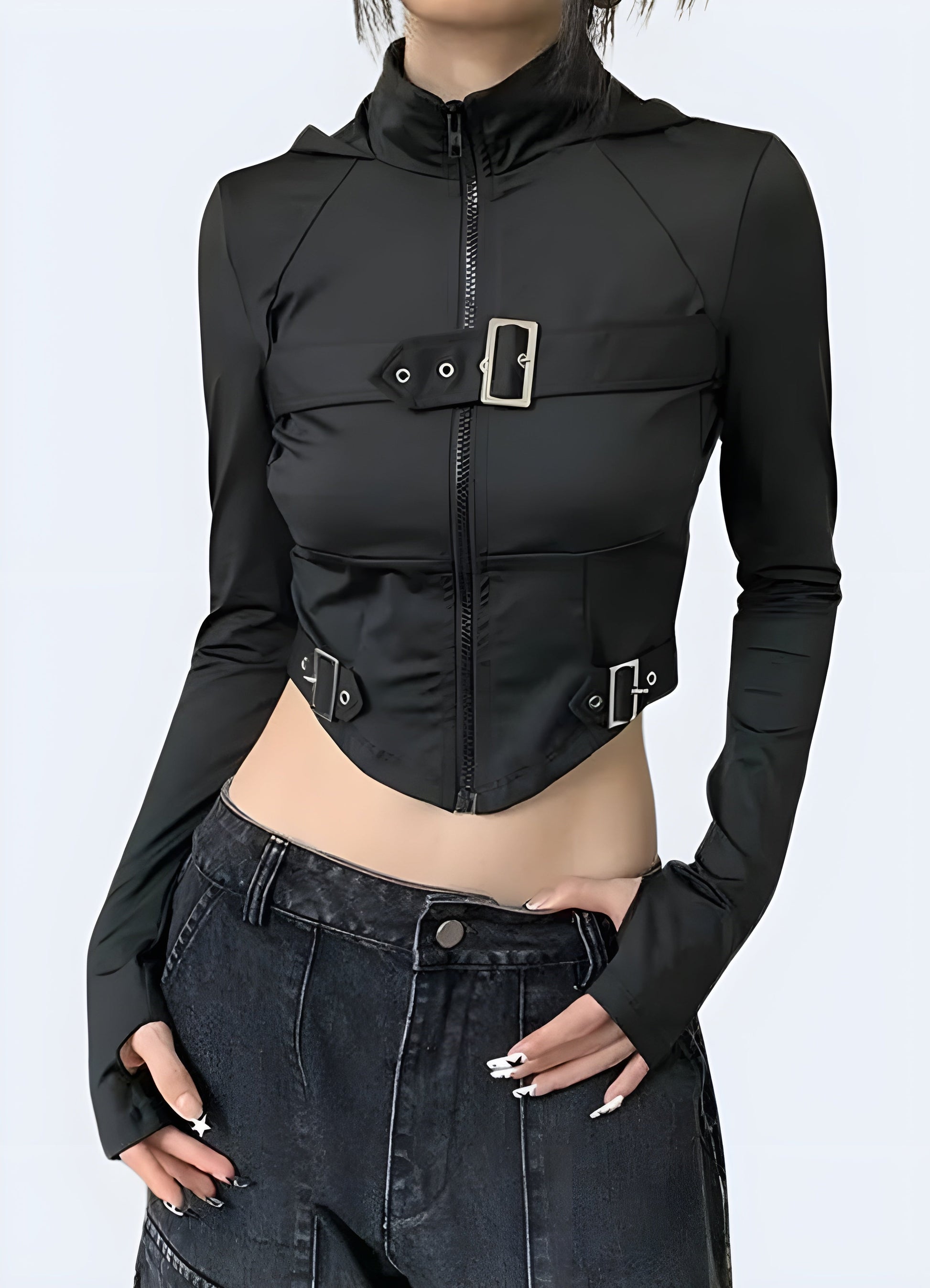 Front view of a woman rocking a stylish techwear goth crop top, perfect for urban streetwear in Canada.