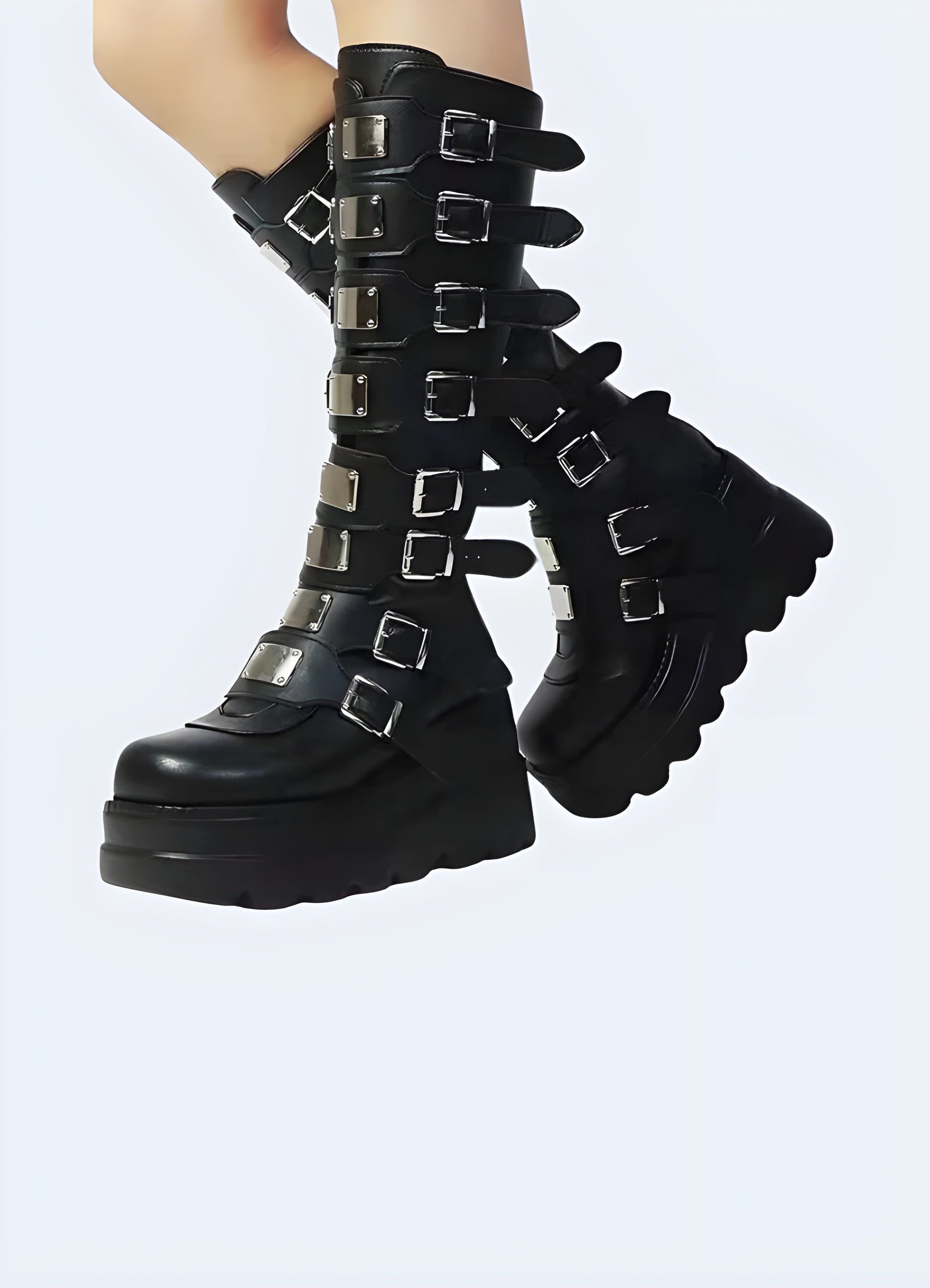 Buckle Goth High Boots Bratty Big Buckle Strap Drape Chain Block