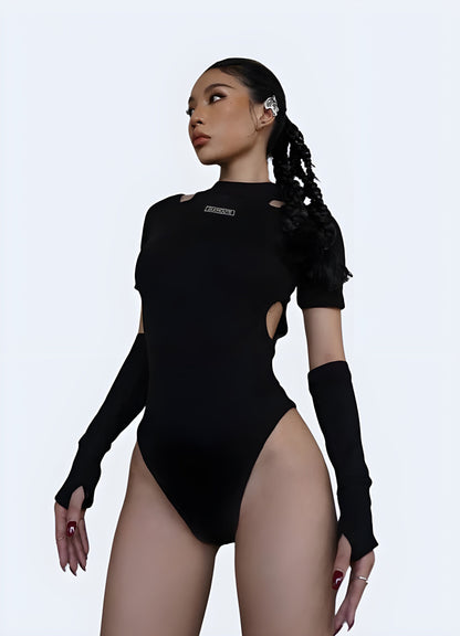 Front view of a woman wearing a contemporary techwear leotard, showcasing its sleek lines and modern aesthetic for Canada urban fashion.