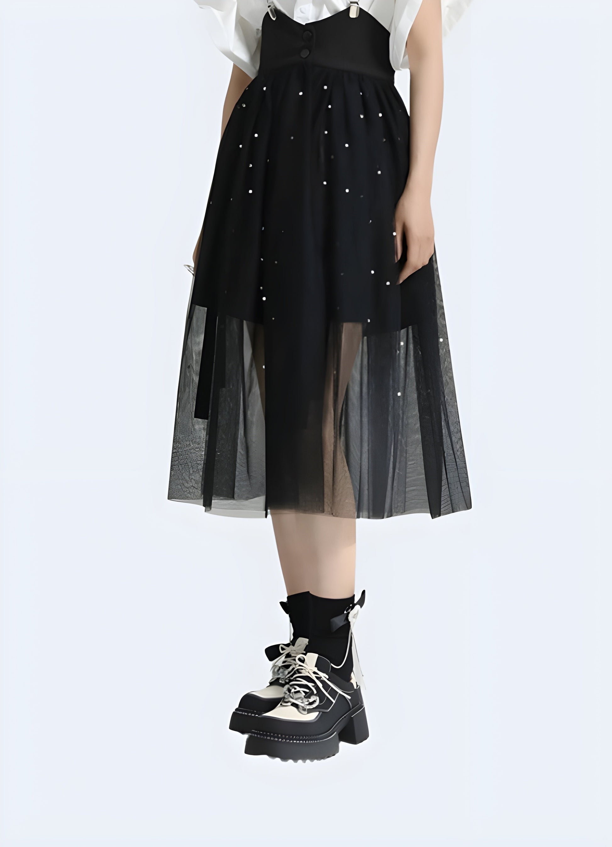 Front and side view of a woman sporting a techwear skirt with mesh accents, displaying the fusion of style and functionality, ideal for urban fashion enthusiasts embracing cutting-edge trends.