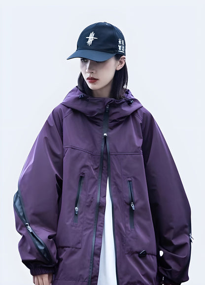 Woman wearing a fashionable and functional techwear tactical purple windbreaker, front view, designed for the Canada outdoor enthusiast.