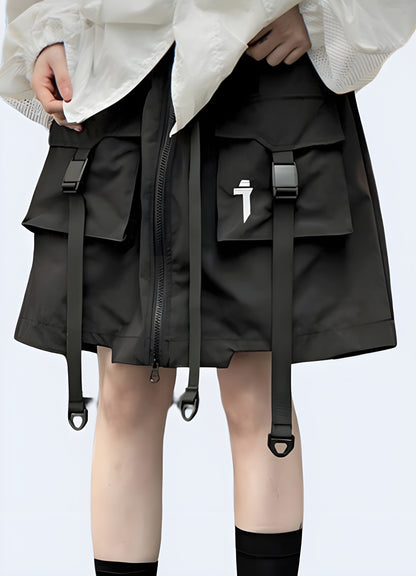 Front view of a woman wearing a techwear tactical womens skirt, ideal for urban exploration and outdoor adventures in the Canada.