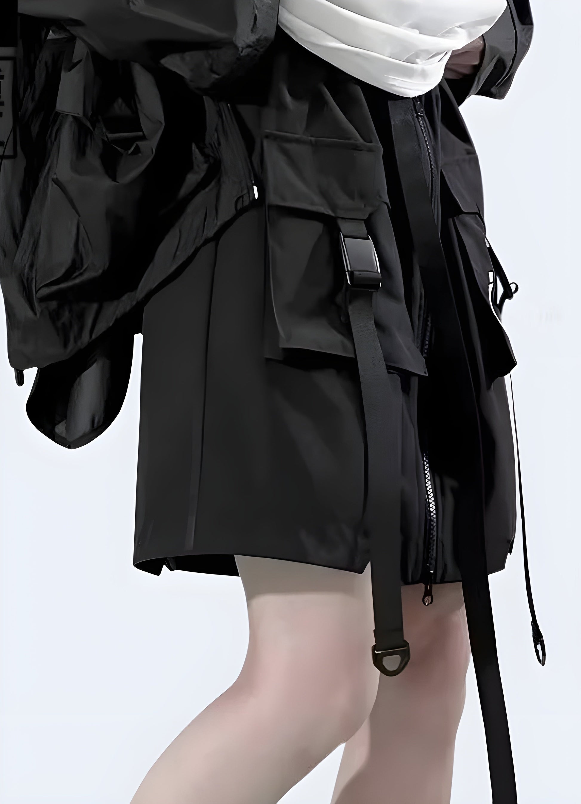 Side view of a woman modeling a modern techwear skirt with functional pockets, designed for comfort and utility during various activities in the Canada.