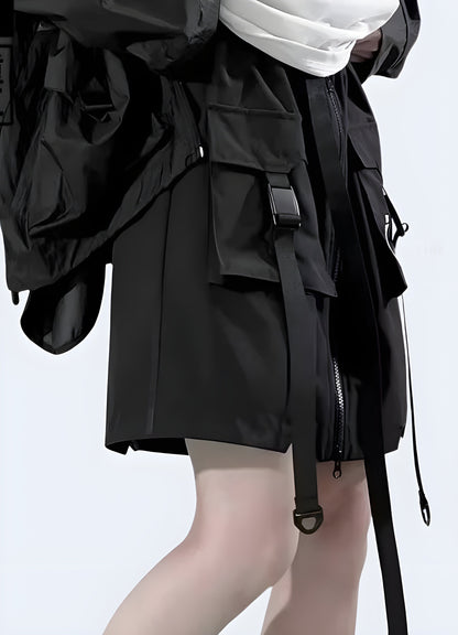 Side view of a woman modeling a modern techwear skirt with functional pockets, designed for comfort and utility during various activities in the Canada.