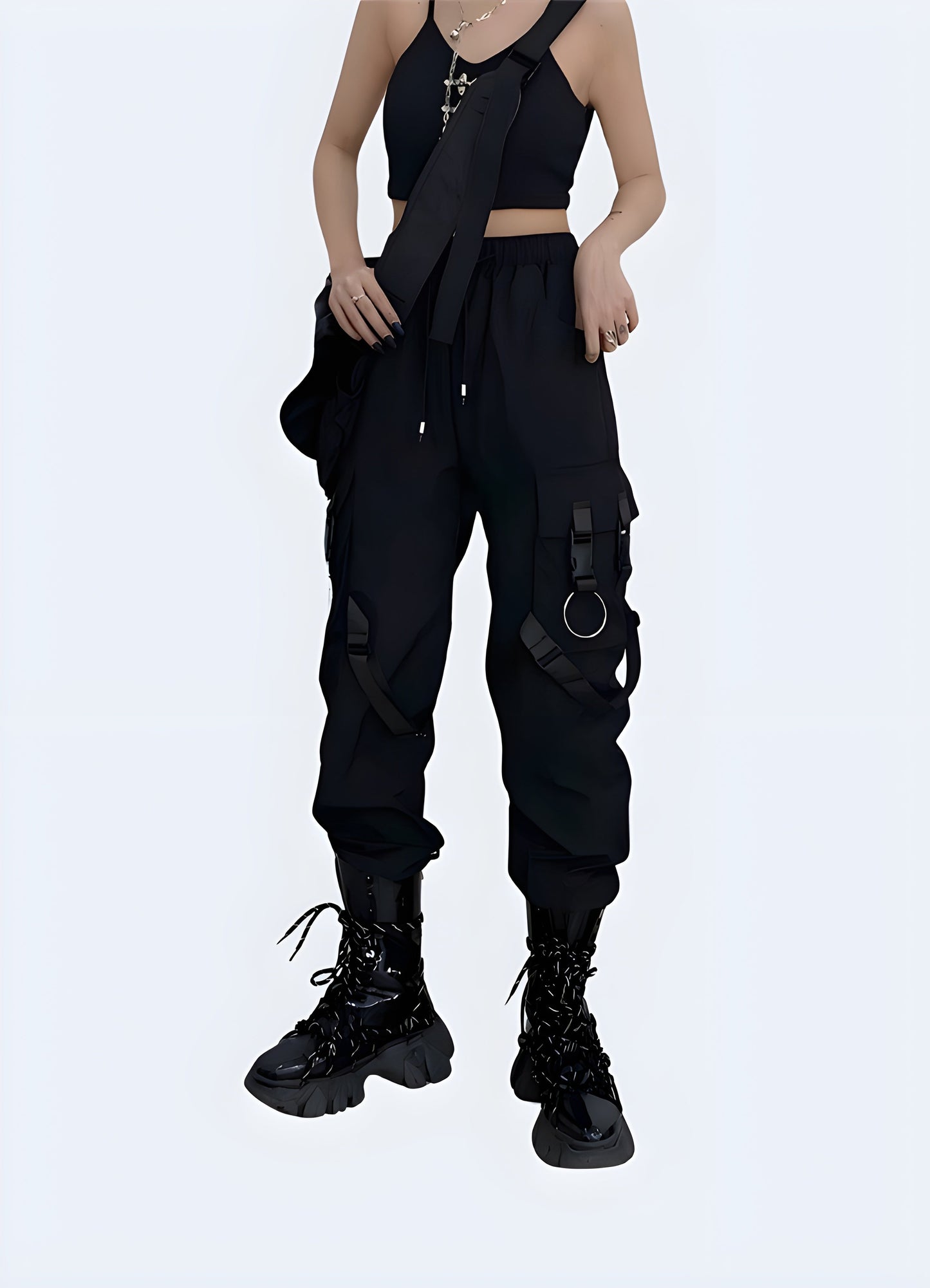 Straight view of a woman wearing techwear womens utility pants, showcasing the bold and functional design that stands out in the Canada fashion scene.