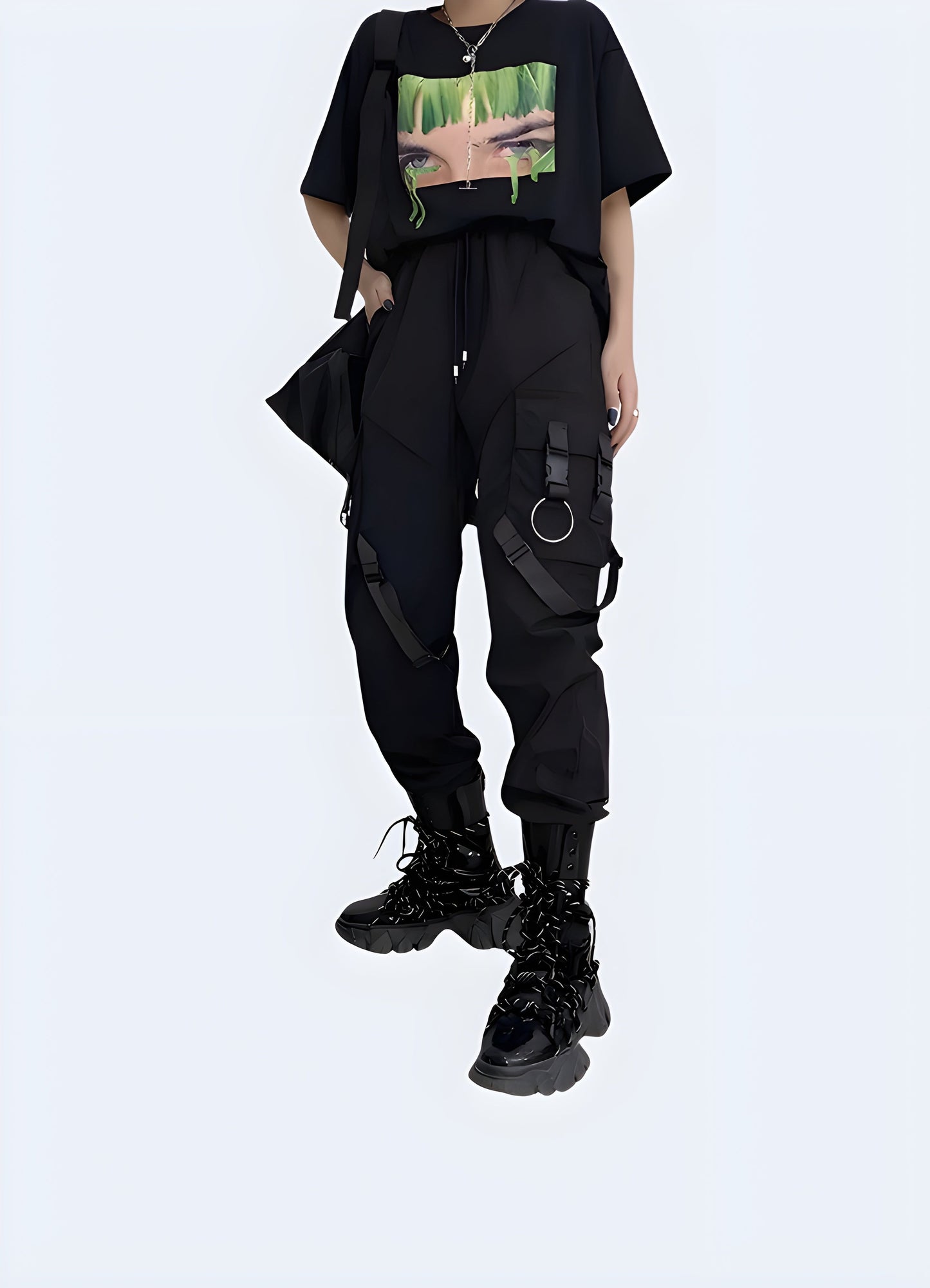 Straight view of a woman wearing techwear womens utility pants, showcasing the bold and functional design that stands out in the Canada fashion scene.