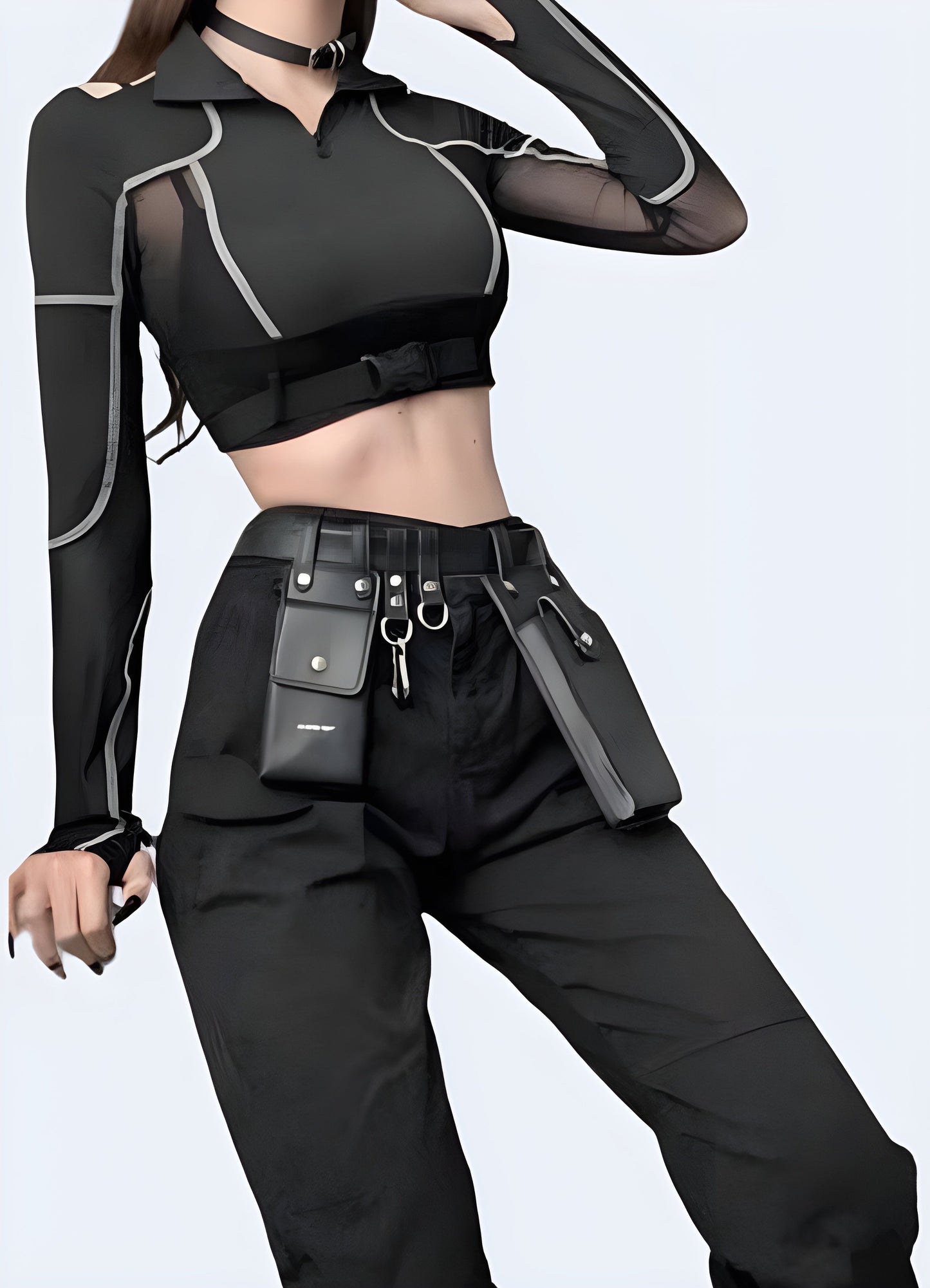 Front side view of a woman wearing a tight techwear crop top, showcasing its sleek design and practical features for city life in the Canada.