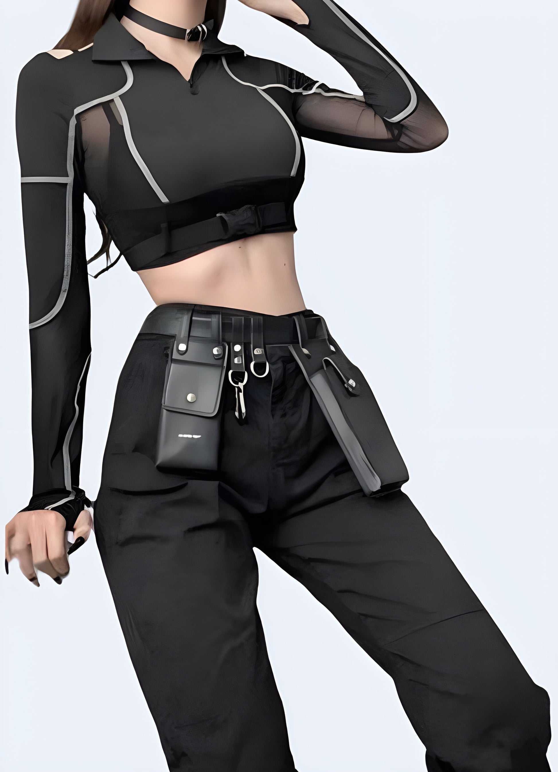 Front side view of a woman wearing a tight techwear crop top, showcasing its sleek design and practical features for city life in the Canada.