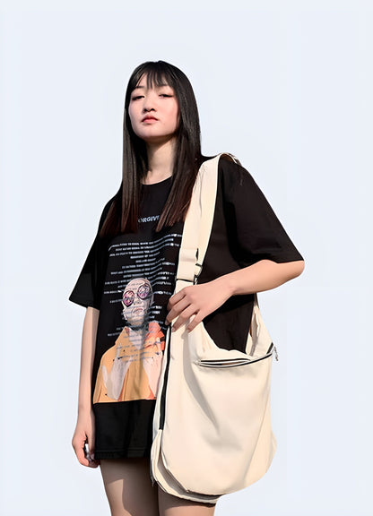 The front view emphasizes the modern look and practical features of the chest bag, as well as how it complements the woman's outfit Canada.