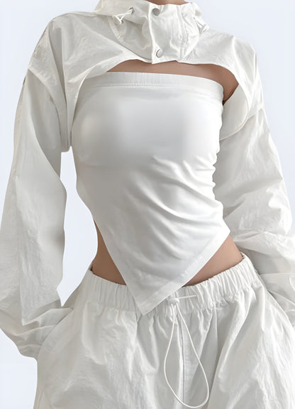 Chic white techwear turtleneck crop top, designed for a contemporary and functional look, available in Canada.